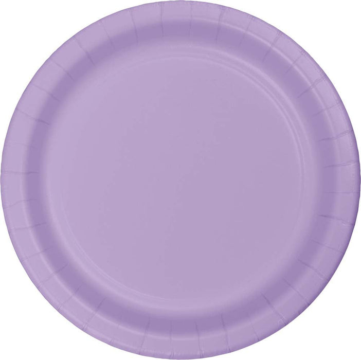 Lavender paper plate with a smooth finish and ribbed rim, displayed against a white background.