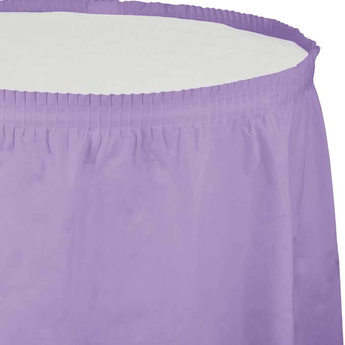 Lavender plastic tableskirt with an elastic gathered waistband and pleated trim along the top edge.