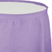 Lavender plastic tableskirt with an elastic gathered waistband and pleated trim along the top edge.