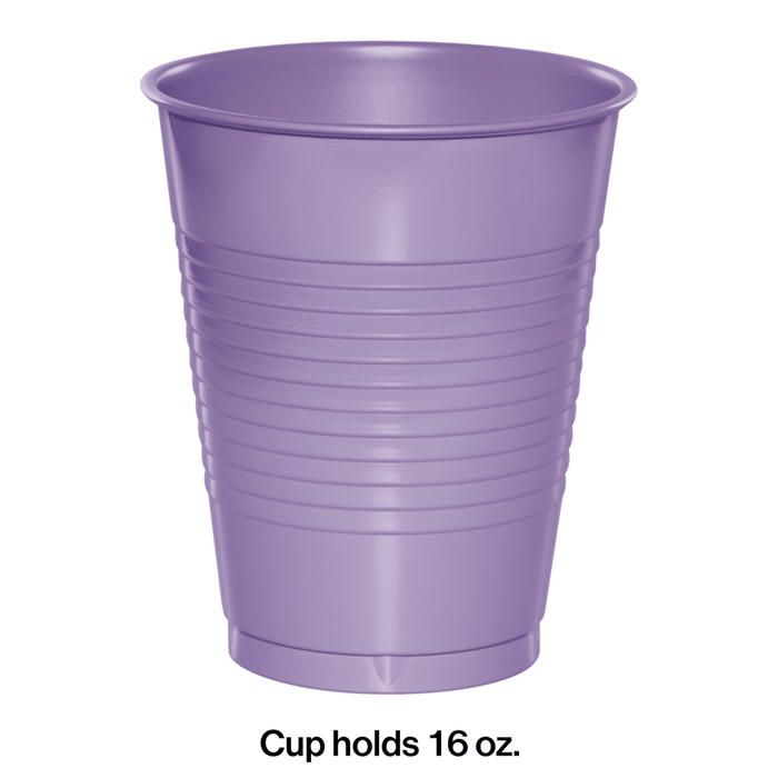 Purple plastic cup with horizontal ribbed texture throughout the body, holding 16 oz capacity.