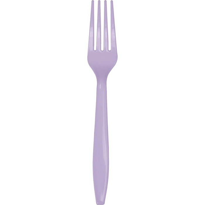 One lavender plastic fork with four tines and a long handle, displayed against a white background.