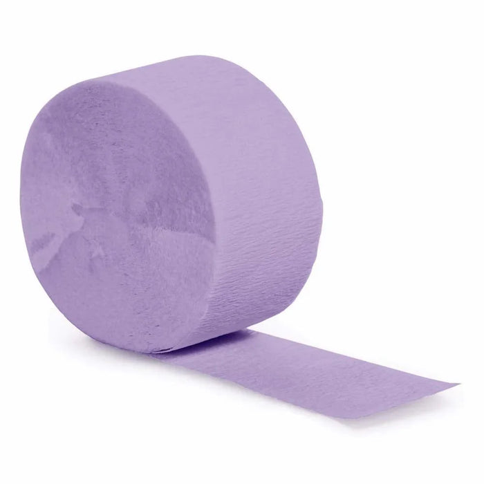 Rolled lavender crepe paper streamer partially unrolled against a white background, showing the textured purple paper in a cylindrical form.