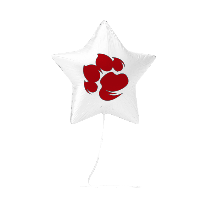 White star-shaped balloon with a red paw print design on a white background
