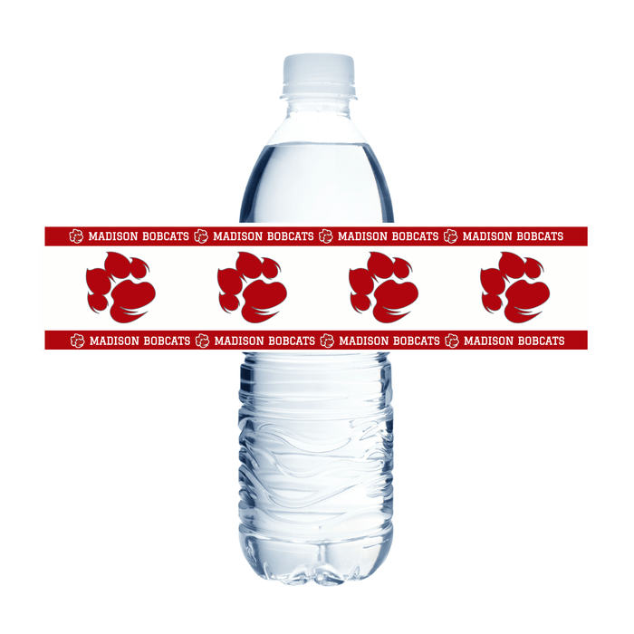 Clear plastic water bottle with white cap wrapped in red Madison Bobcats band featuring repeated paw print logos and text around the middle section.