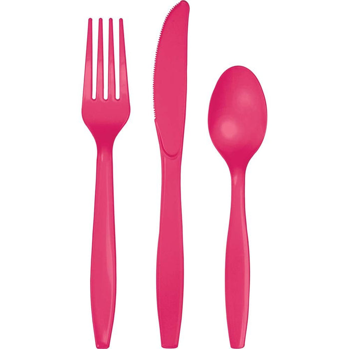 Three bright magenta plastic utensils displayed vertically: a fork on the left with four tines, a knife in the center with a serrated edge, and a spoon on the right.