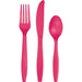 Three bright magenta plastic utensils displayed vertically: a fork on the left with four tines, a knife in the center with a serrated edge, and a spoon on the right.