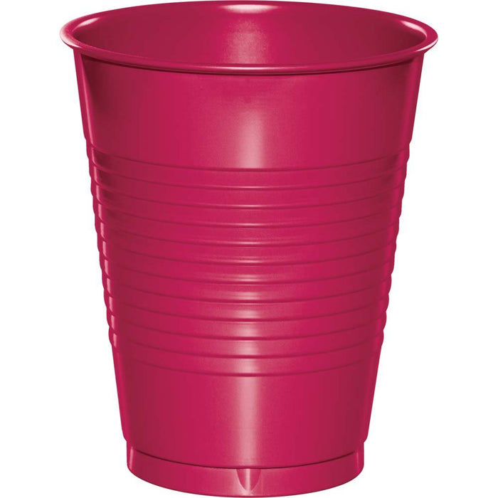 Bright magenta plastic cup with horizontal ribbed texture throughout the body and a smooth rim, designed for single-use serving.