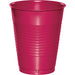 Bright magenta plastic cup with horizontal ribbed texture throughout the body and a smooth rim, designed for single-use serving.