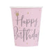 Pink disposable cup featuring "Happy Birthday" in gray script text with a gold crown and stars design.