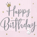 Pink lunch napkins with gray "Happy Birthday" script text, gold crown and stars, featuring a light blue butterfly detail.