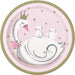 Pink paper plate featuring a sleeping swan wearing a crown with two cygnets, gold stars, and a crescent moon with a flower, 7 inches diameter, set of 8.