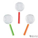 Four magnifying glasses with clear glass lenses and colored handles in red, green, and orange arranged in a circular pattern on white background.