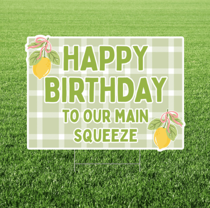 Main squeeze birthday yard sign featuring a sage green gingham background, bold green and white text that reads “Happy Birthday to Our Main Squeeze,” lemon graphics with pink bow accents, and a white rectangular border displayed in grass.