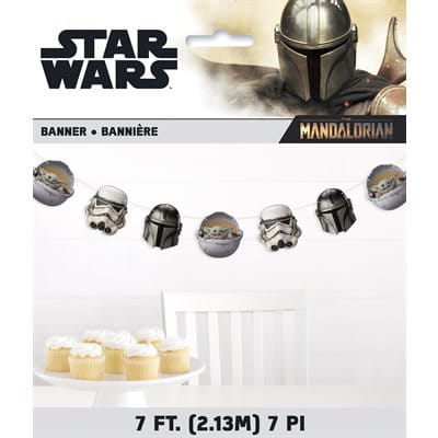 Star Wars The Mandalorian themed banner garland featuring seven character head cutouts including helmets and droids in metallic silver and gold tones, measuring 7 feet long.