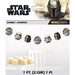 Star Wars The Mandalorian themed banner garland featuring seven character head cutouts including helmets and droids in metallic silver and gold tones, measuring 7 feet long.