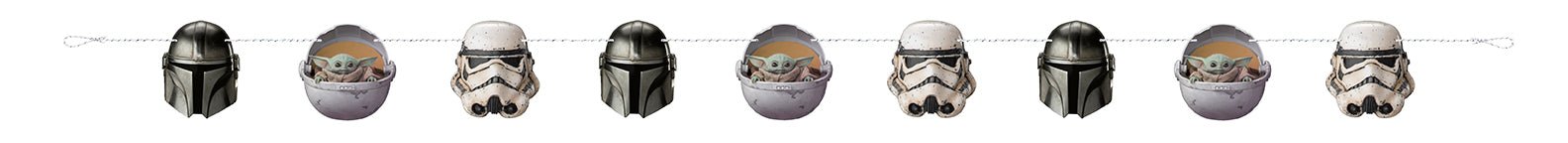 Repeating pattern of three Star Wars character head designs in a row: black Mandalorian helmet, purple rounded Baby Yoda pod, and white stormtrooper helmet, arranged as a decorative garland banner.
