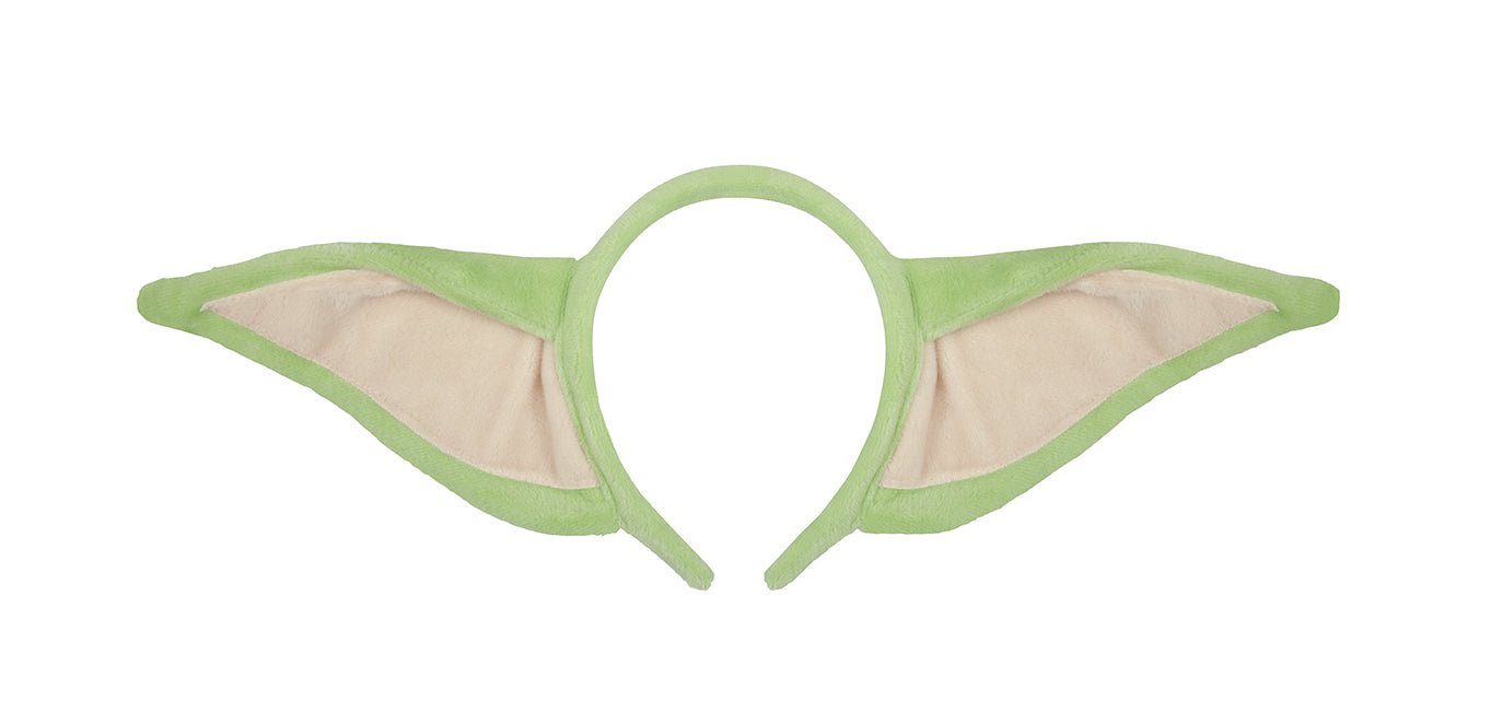 Green elf ear headband with pointed ears lined in tan fabric and a circular opening for the wearer's head.