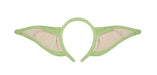 Green elf ear headband with pointed ears lined in tan fabric and a circular opening for the wearer's head.