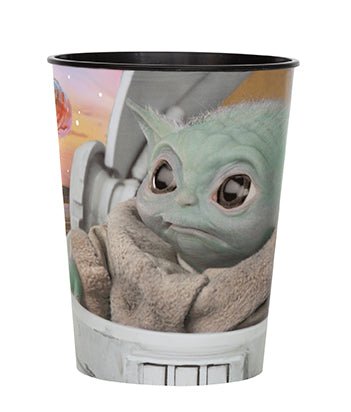 Plastic cup featuring a large image of a green alien character in tan wrappings on a gray background with black rim.