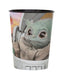 Plastic cup featuring a large image of a green alien character in tan wrappings on a gray background with black rim.