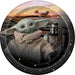 Round black plate featuring Grogu, a Mandalorian character, and desert landscape imagery with white decorative dots around the border.