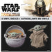 Star Wars Mandalorian vinyl decal set containing three character stickers: Baby Yoda in a hovering pod, Baby Yoda standing, and the Mandalorian helmet, shown on product packaging.