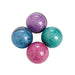 Four marbleized bouncy balls in purple, blue, teal, and pink arranged in a diamond formation on a white background.