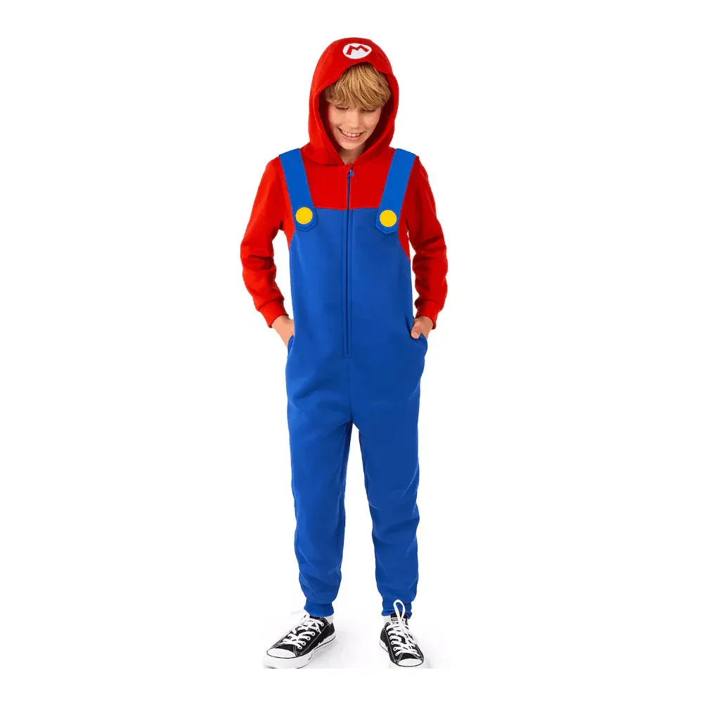 Child wearing a blue and red Mario costume onesie with yellow button details, red hood with Mario logo, and black sneakers.