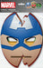 Captain America-style blue and red mask with white stripe, tan face, and yellow eyes displayed on white packaging labeled Marvel 8 Masks with assorted character styles shown above.