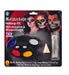 Masquerade makeup kit featuring a black palette with five colorful cream makeup wells in blue, white, red, and yellow, plus a separate tube of cream makeup and a white makeup sponge applicator.