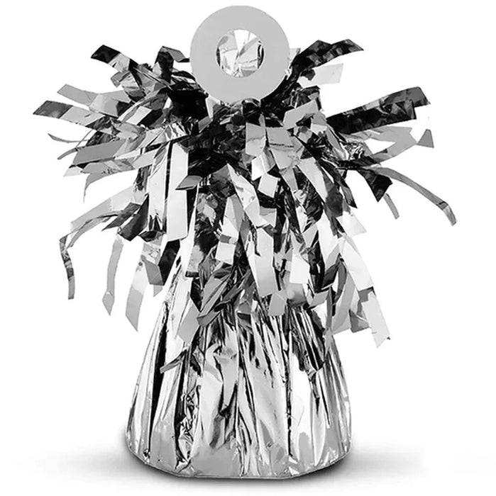 Silver metallic balloon weight with black and white fringed streamers radiating from a circular opening at the top.