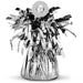 Silver metallic balloon weight with black and white fringed streamers radiating from a circular opening at the top.