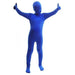 Bright blue full-body spandex suit with long sleeves and legs, featuring thumbs-up hand gestures and a smooth, stretchy fabric design for children.