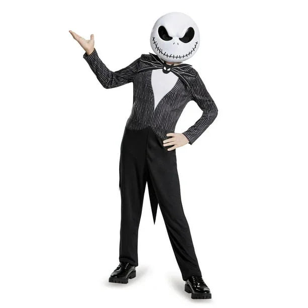 Child's Jack Skellington costume featuring a pinstriped black jacket with white shirt front, black pants with jagged hem, white skull mask with stitched smile, and black shoes.