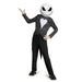 Child's Jack Skellington costume featuring a pinstriped black jacket with white shirt front, black pants with jagged hem, white skull mask with stitched smile, and black shoes.