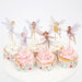 Fairy cupcake kit with pastel fairy toppers, shiny skirt accents, and floral cupcake liners displayed on frosted cupcakes.