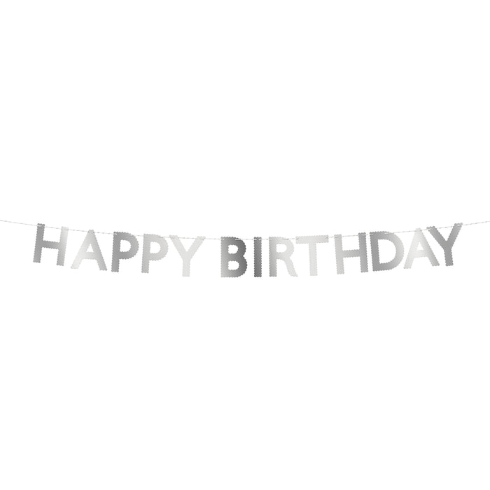 Silver Scallop Happy Birthday Garland with metallic silver scalloped letter cutouts spelling Happy Birthday on a hanging cord.
