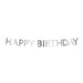 Silver Scallop Happy Birthday Garland with metallic silver scalloped letter cutouts spelling Happy Birthday on a hanging cord.
