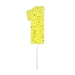 Yellow number 1 cake candle with gold speckle accents and white pick on a white background.