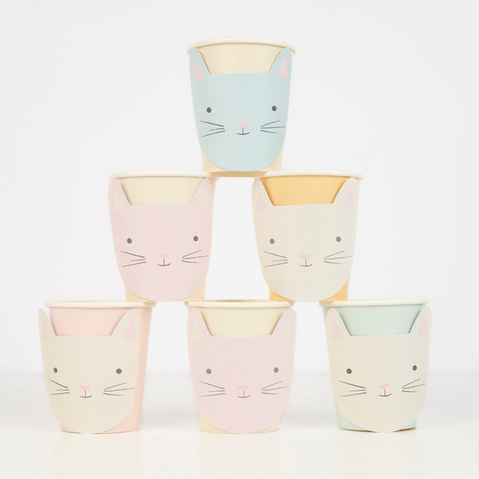 Cute Kitten Cups arranged in a pyramid with pastel paper cups featuring kitten face wraps, ears, whiskers, and tiny noses.