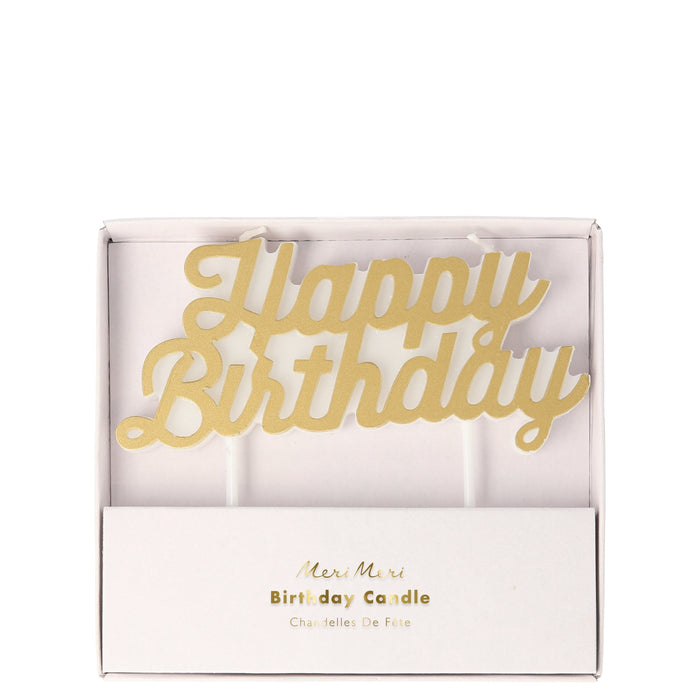 Gold Happy Birthday Candle in white packaging with gold script lettering mounted on white cake picks.