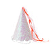 Magical princess party hat with iridescent glitter cone, scalloped edge, pink and coral ribbon streamers, and elastic band on a white background.