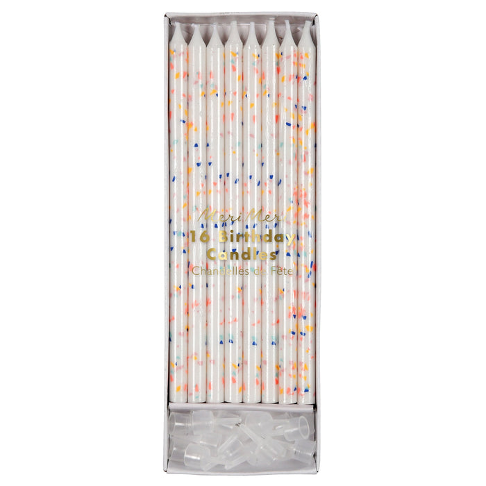 Neon Confetti Candles in clear packaging with white birthday candles covered in colorful confetti-style speckles.