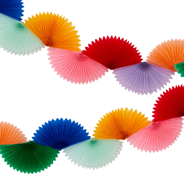 Rainbow Honeycomb Fan Garland with colorful paper fan decorations in red, pink, orange, yellow, mint, green, blue, and lavender on a white background.