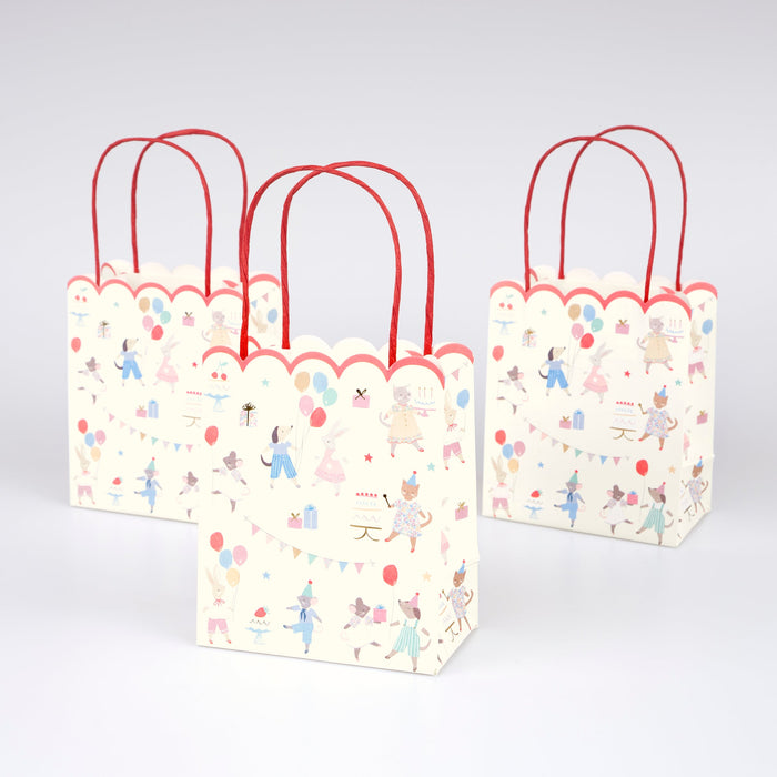 Animal Friends Party Bags with illustrated animals, balloons, and gifts, featuring red handles and scalloped edges in an 8-count set.
