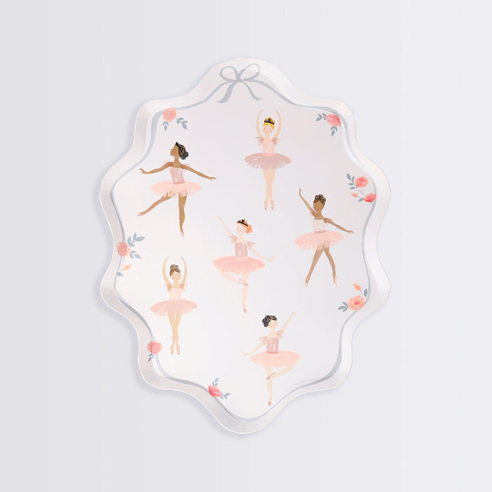 Ballerina Plate with illustrated dancers in pink tutus, floral accents, scalloped edges, and a ribbon-style border on a pale background.