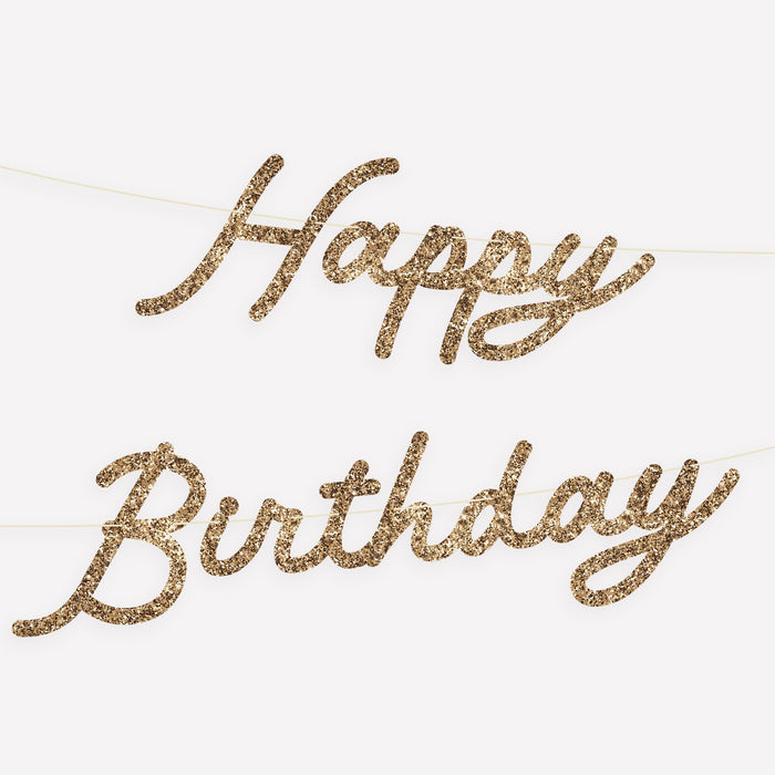 Gold Personalizable Birthday Garland Set with glittery gold script “Happy Birthday” letters hanging on string, designed to customize with a birthday number