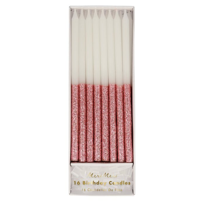 Dusky Pink Glitter Dipped Candles in clear packaging with white birthday candles and sparkling dusky pink glitter dipped ends.