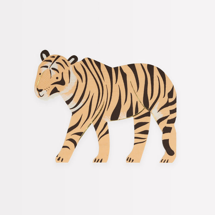 Tiger Napkins shaped like an orange tiger with black stripes, gold accent details, and a white background.