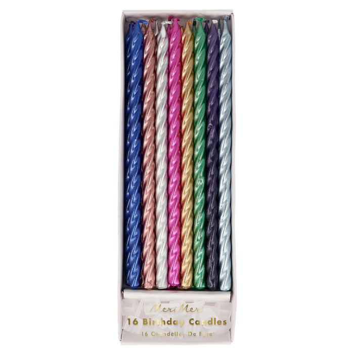 Multi Metallic Twisted Candles in clear packaging with assorted shiny spiral birthday candles in blue, rose gold, silver, pink, gold, green, purple, and light blue.